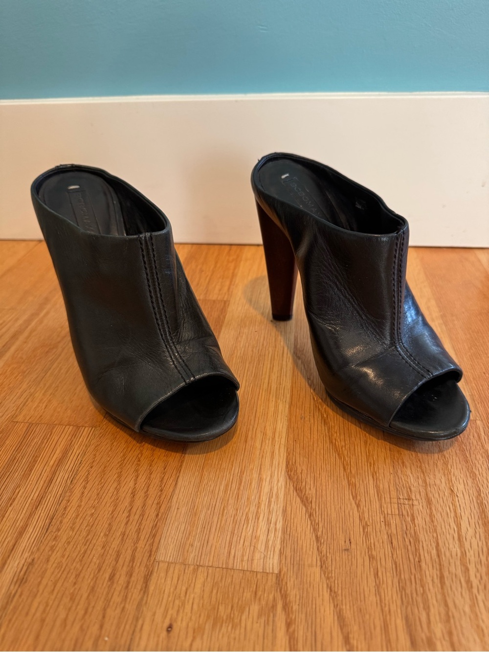 BCBGMaxAzria Black Leather Peep-Toe Mule Heels